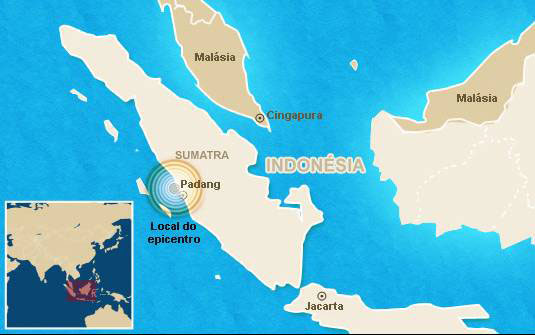 Mapa localiza epicentro do terremoto desta quarta-feira (30), em Sumatra (Foto: Arte/G1)