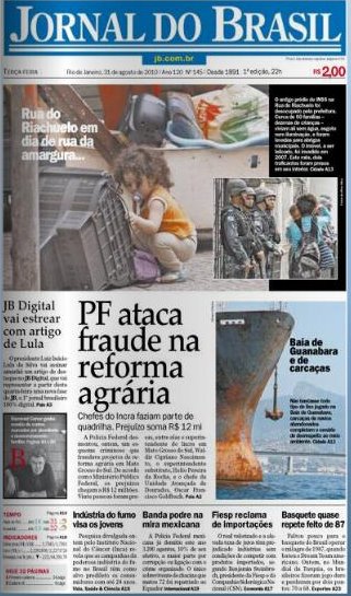 &Uacute;ltima capa do Jornal do Brasil vers&atilde;o impressa 