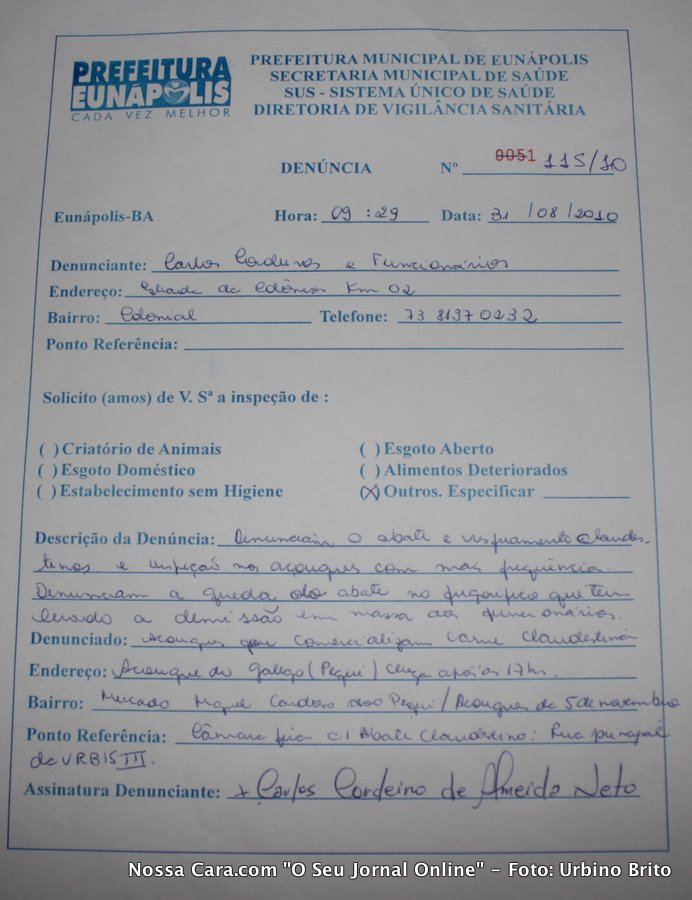 C&oacute;pia da denuncia feita na Vigil&acirc;ncia Sanit&aacute;ria  
