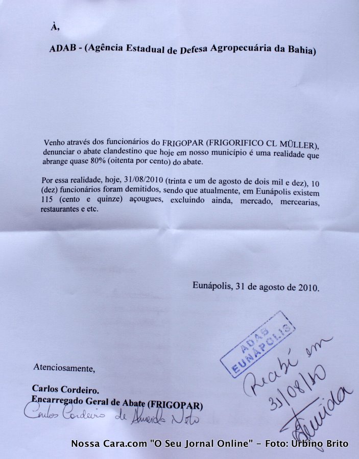 Denuncia protocolada na ADAB