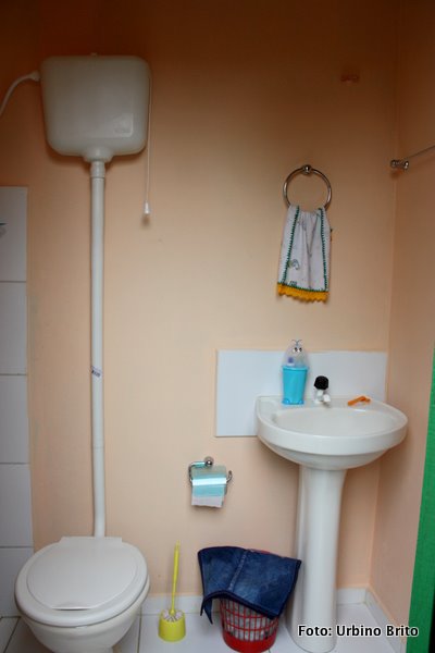 Ai est&aacute; o interior de um dos banheiros al&eacute;m do vaso e a pia de lou&ccedil;a vemos nas paredes os metais sanit&aacute;rios 
