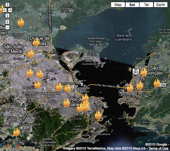 Veja os locais onde ve&iacute;culos foram incendiados no Rio de Janeiro*