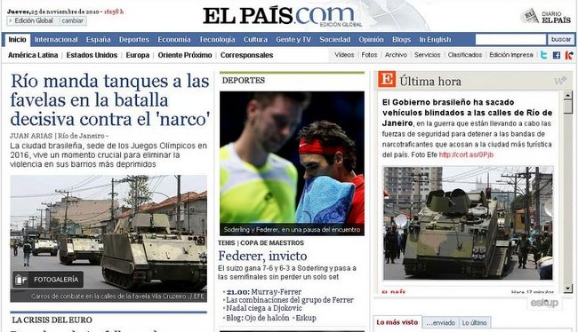 25.11.2010: Os ataques no Rio de Janeiro ganharam destaque no site do El Pa&iacute;s, da Espanha - Reprodu&ccedil;&atilde;o