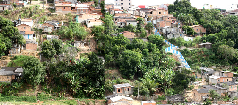 Nesta montagem vemos as duas escadas que s&atilde;o usadas pelos moradores para entrar e sair da Rua da Bica 