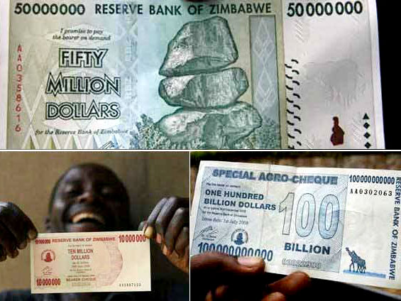 Legenda da foto: No alto, a nova nota de 50 milh&otilde;es de d&oacute;lares zimbabuanos; abaixo, as velhas notas de 10 milh&otilde;es (esq.) e de 100 bilh&otilde;es (dir.). (Foto: AFP e AP) (Foto: AP e AFP)