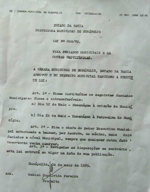 Lei Municipal Nº 010/89, que fixa feriados municipais