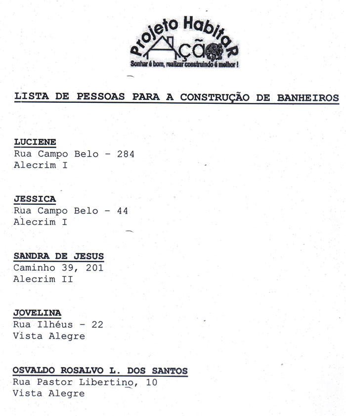 Nomes e endere&ccedil;os de pessoas que ser&atilde;o beneficiadas com a constru&ccedil;&atilde;o de banheiro pelo projeto.