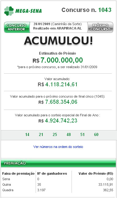 A Mega-Sena &eacute; o jogo que oferece os maiores pr&ecirc;mios para voc&ecirc;. Duas vezes por semana, voc&ecirc; tem a chance de se tornar milion&aacute;rio. S&atilde;o 6 n&uacute;meros sorteados. Mas, se voc&ecirc; n&atilde;o acertar os 6, n&atilde;o desanime. Voc&ecirc; tamb&eacute;m pode ser premiado se acertar 4 ou 5 n&uacute;meros. 
