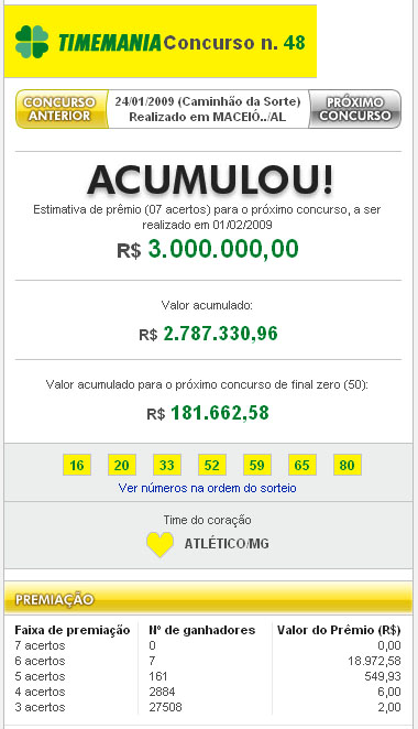 Na Timemania, a cada concurso, voc&ecirc; escolhe dez n&uacute;meros e indica um Time do Cora&ccedil;&atilde;o. Se voc&ecirc; tiver de tr&ecirc;s a sete acertos, ganha. Se acertar o Time do Cora&ccedil;&atilde;o, tamb&eacute;m ganha. &Eacute; a sua chance de concorrer a v&aacute;rios pr&ecirc;mios e mostrar a paix&atilde;o pelo seu time favorito. Boa sorte!