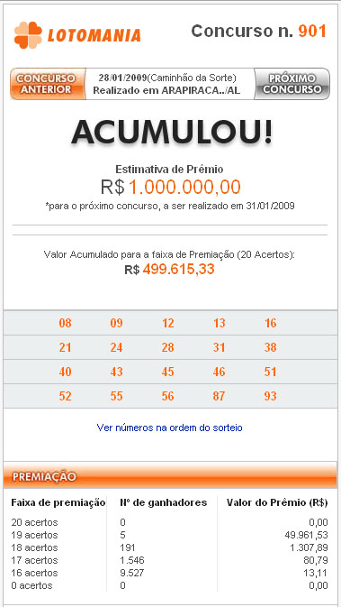 A Lotomania &eacute; a loteria de quem tem mania de ganhar. Voc&ecirc; escolhe 50 n&uacute;meros, entre os 100 dispon&iacute;veis no volante, e ganha se acertar 16, 17, 18, 19, 20 ou nenhum n&uacute;mero. S&atilde;o muitas chances de faturar!