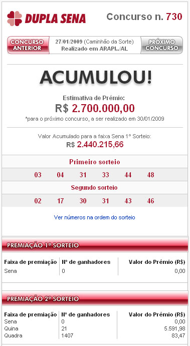 Na Dupla Sena, voc&ecirc; tem o dobro de chances de ganhar. Com o mesmo bilhete, voc&ecirc; participa de 2 sorteios por concurso e ganha se acertar os 6 n&uacute;meros do 1&ordm; sorteio e/ou se acertar 4, 5 ou 6 n&uacute;meros do 2&ordm; sorteio. Marque de 6 a 15 n&uacute;meros, entre os 50 dispon&iacute;veis no volante, e tor&ccedil;a para ser sorteado!