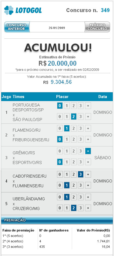 No Lotogol, a cada concurso, voc&ecirc; d&aacute; palpites sobre o placar de 5 partidas de futebol. Se voc&ecirc; acertar todos os resultados, ganha. Se acertar o placar de 4 ou 3 jogos, tamb&eacute;m ganha. &Eacute; s&oacute; chutar e correr para o abra&ccedil;o.