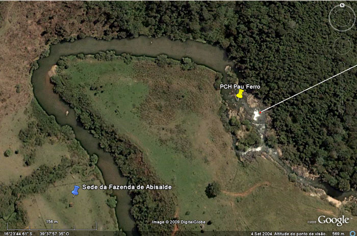 Aqui vemos a sede da fazenda de marcada em azul no alto de uma elevação que será totalmente inundada em amarelo o local da PCH