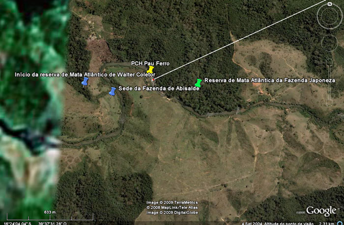 Vemos marcado aqui o começo da mata de Walter Coletor a sede de Abisalde em amarelo o local da PCH e em verde a reserva da Fazenda Japonesa