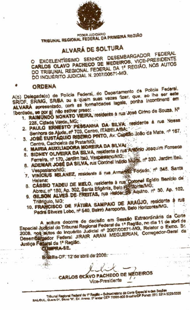 Alvara de soltura do prefeito Junior Dapé