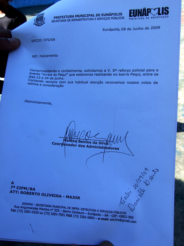 Of&iacute;cio do coordenador dos administradores solicitando o policiamento para a festa que foi entregue na 7&ordf; CIPM em 10/06/2009