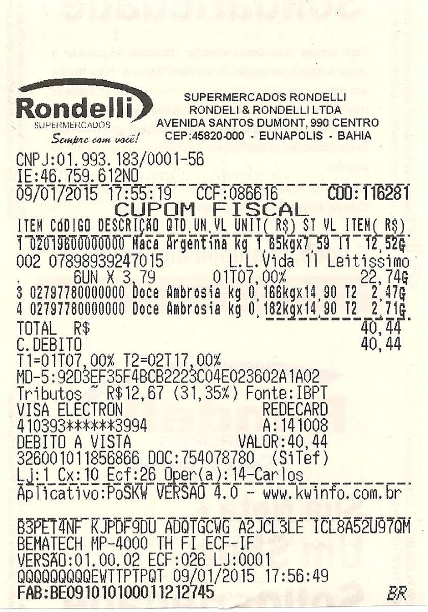 Este  o cupom fiscal do Ronedelli vocs podem ver claramente discrimandos os dois potes de Ambrosia.