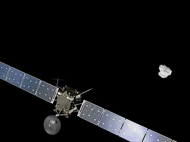 Ilustração da Sonda Rosetta se aproximando do cometa 67P/Churyumov-Gerasimenko - Foto: Spacecraft: ESA/ATG medialab; Comet image: ESA/Rosetta/NavCam – CC BY-SA IGO 3.0
