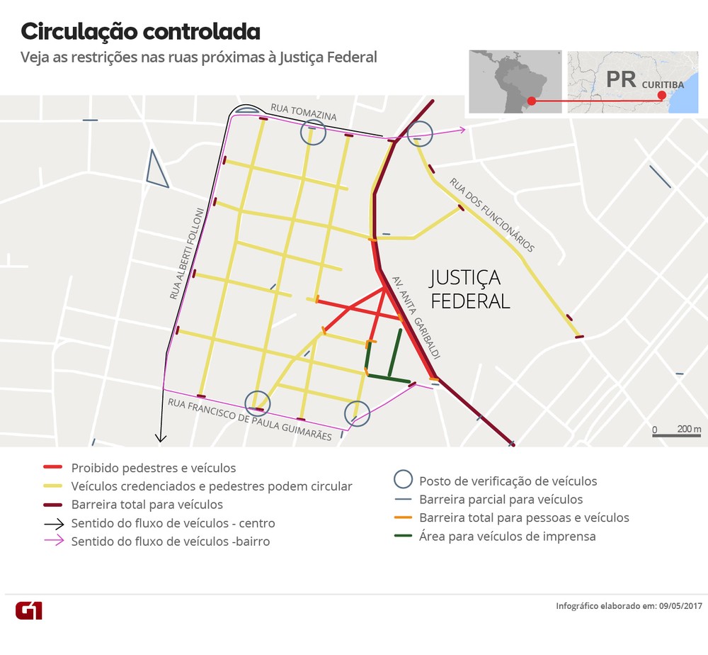 Mapa com os bloqueios no trânsito de Curitiba no dia do depoimento de Lula a Moro (Foto: Arte/G1)