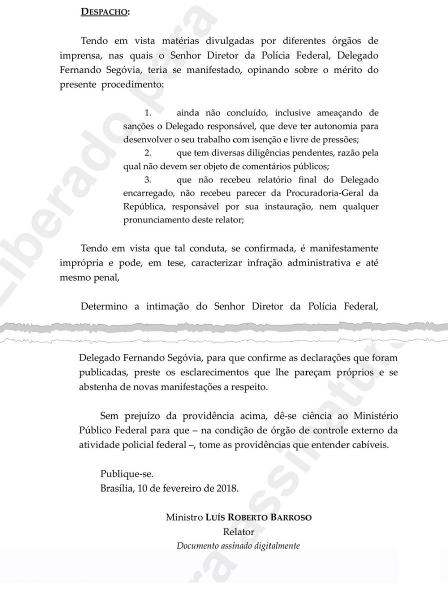 Trecho de despacho em que Barroso determina que Segovia se 'abstenha de novas manifestações' sobre inquérito (Foto: Reprodução)