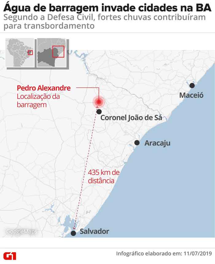 Cidades são invadidas pela água após barragem transbordar na Bahia - Foto: Arte/ G1